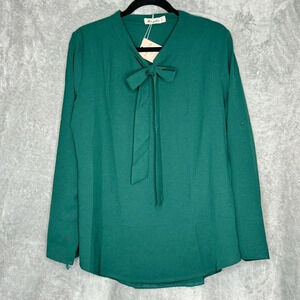 Moyabo  XL Shirt Top Green Solid Tab Long Sleeve V Neck Bow Stretch Womens